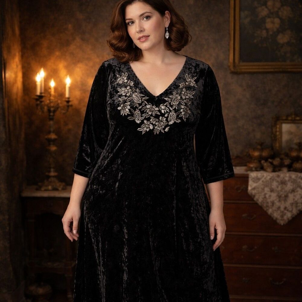 Roamans Embroidered Floral Velvet Dress
